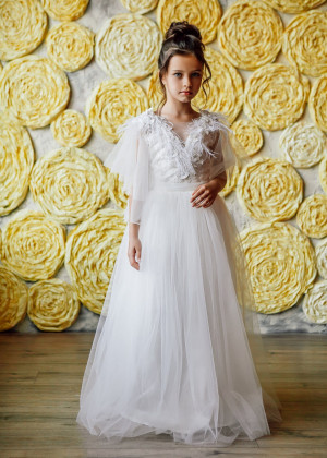 Ruffle Sleeves Beaded Ivory Lace Tulle Feather Flower Girl Dress